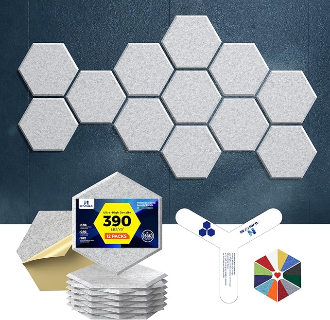 Pro-Level Self Adhesive Acoustic Panels,2nd Generation Sound Absorbing Panel,Soundproof Wall Panels,Sound Dampening Panels,Polyester Foam Reducing Noise and Echoes,Silver Grey (HEXAGON 03)
