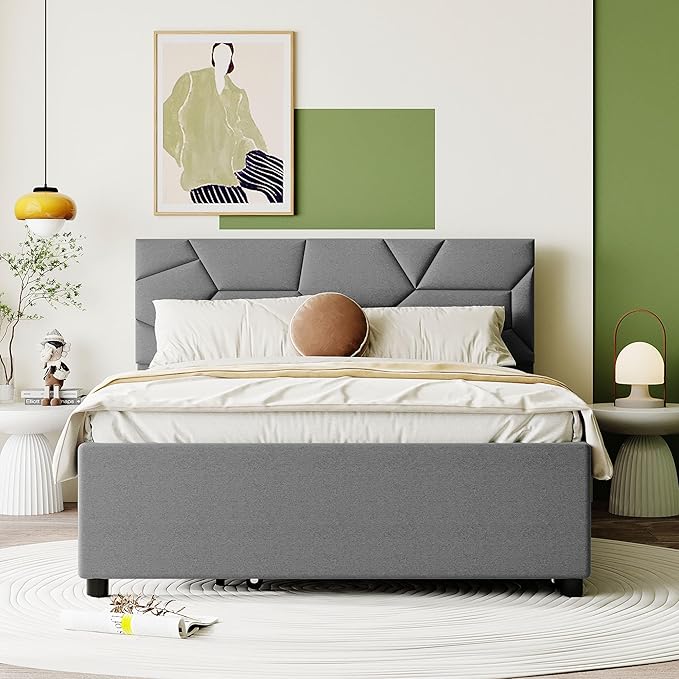 Full Size Bed Frame with Twin Size Trundle,Linen Upholstered Platform Bed Frame Full with Brick Pattern Headboard,Wood Slat Support Included,No Box Spring Needed,Easy Assembly,Gray