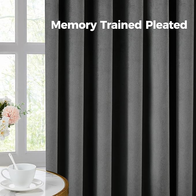 Pinch Pleated 100% Blackout Curtains for Bedroom, Grey Velvet Curtains for Living Room, Black Out Curtain 96 inch Long Room Darkening, Blackout Pinch Pleat Drapes with Hooks 2 Panels