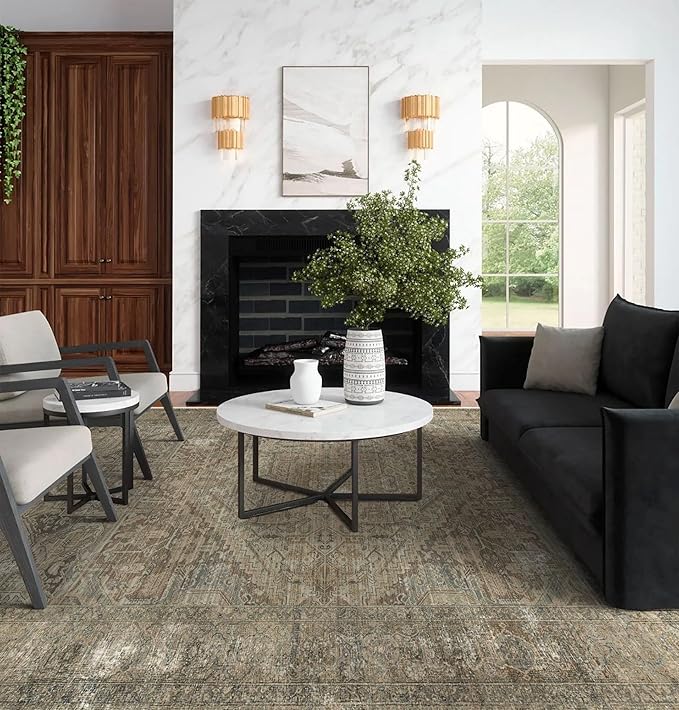 vivorug 5x7 Area Rugs - Ultra-Thin Washable Rug with Non-Slip Backing, Ideal for Living Room, Bedroom, Kitchen Floor Carpet - Vintage, Easy Clean, Durable, Olive