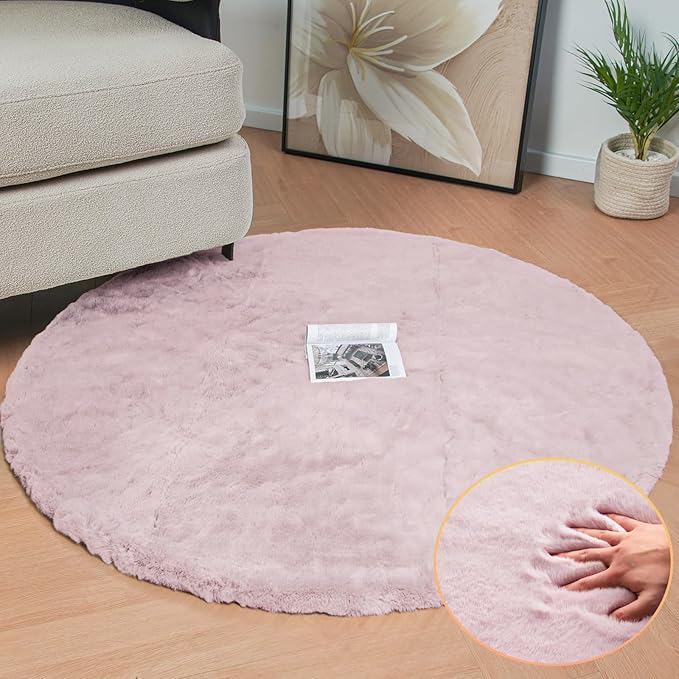 Pink Washable Fluffy Rugs for Bedroom Small Circle Faux Rabbit Shag Fur Area Rugs for Living Room Nursery Round Rug 3ft Rug