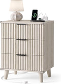 Lulive Wood 3 Drawers Fluted Night Stand with Charging Station, Storage Nightstand Modern End Table, Bedside Table for Bedroom, Living Room White Oak