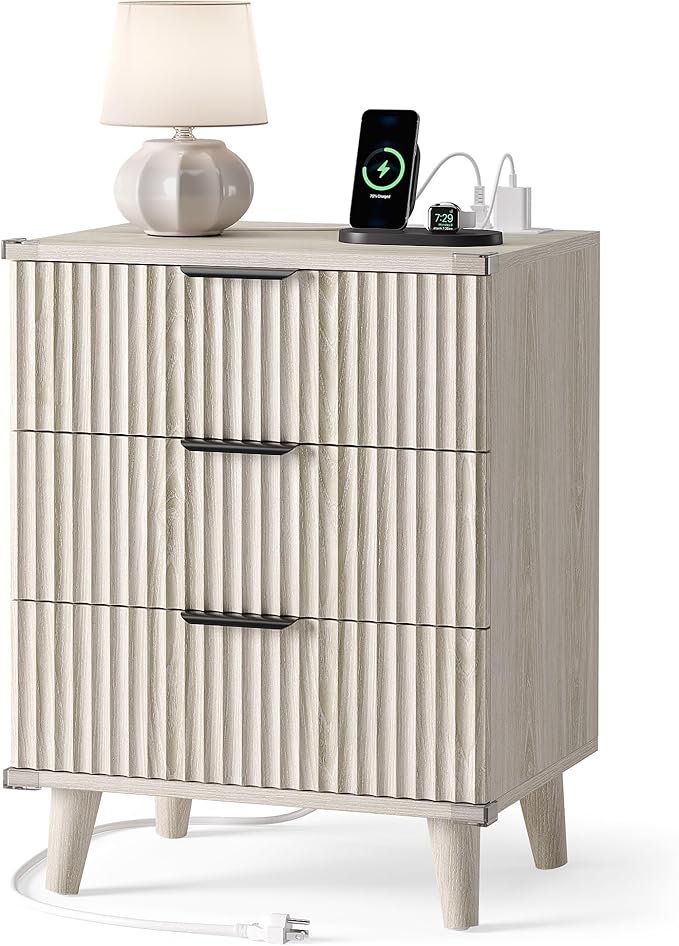 Lulive Wood 3 Drawers Fluted Night Stand with Charging Station, Storage Nightstand Modern End Table, Bedside Table for Bedroom, Living Room White Oak