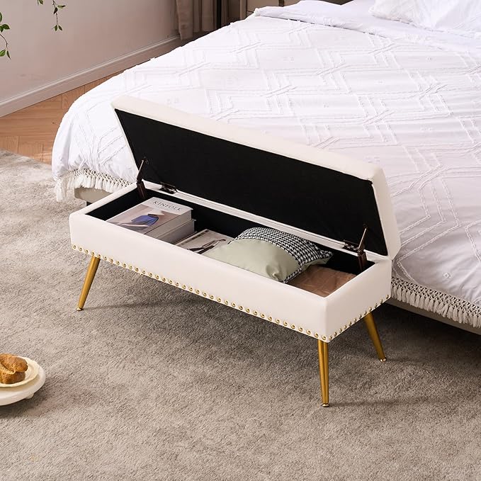 Velvet Storage Bench with Gold Legs& Nailhead Trim, 40" Wide Upholstered Modern Bedroom Bench for End of Bed, Tufted Ottoman for Entryway Living Room Dining Room (Ivory White, 40" W)