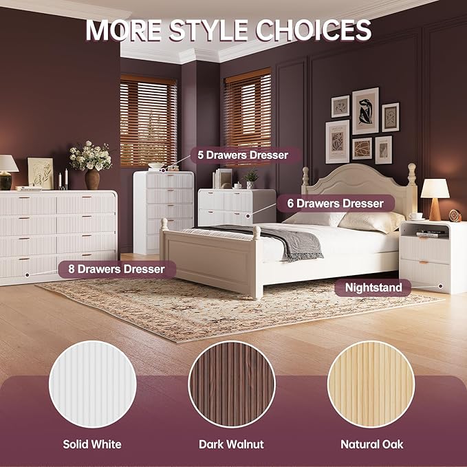 FURSUN Fluted 6 Drawers Dresser for Bedroom, 54" Wide Wooden Dresser with Metal Handle, Curved Profile Design, Modern Storage Organizer for Bedroom, Living Room, Hallway, White