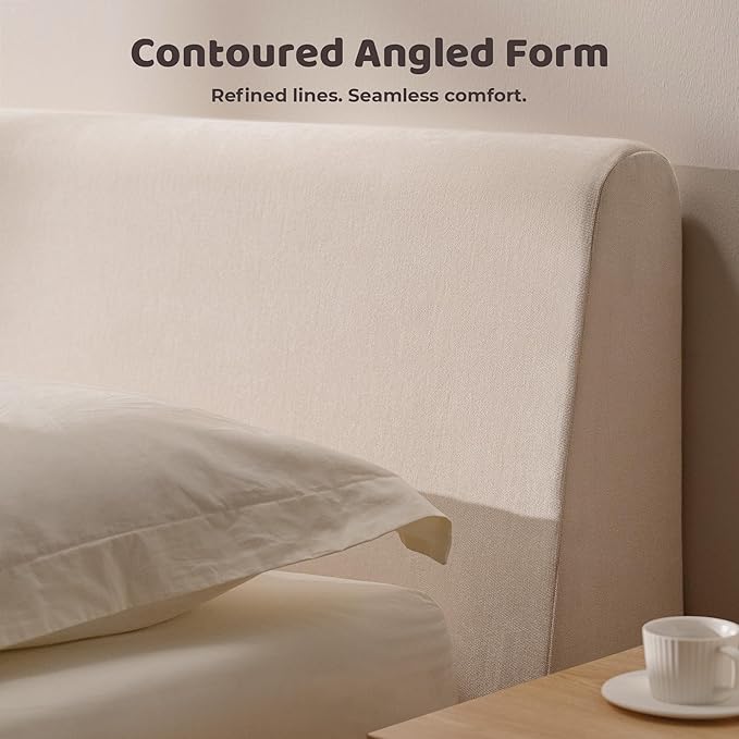 RECCI Cloud Full Size Bed Frame with Ergonomic Angled Foam Cushioned Headboard, Minimalist Design Platform Bed Frame, No Box Spring Needed, Easy Assembly (Beige)