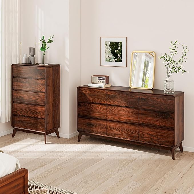 50" Tall Dresser for Bedroom, Vertical Dressers with 5 Drawers and Curved Profile Handleless Design, Chest of Drawers with Natural Texture for Living Room, Hallway and Entryway,Nautral