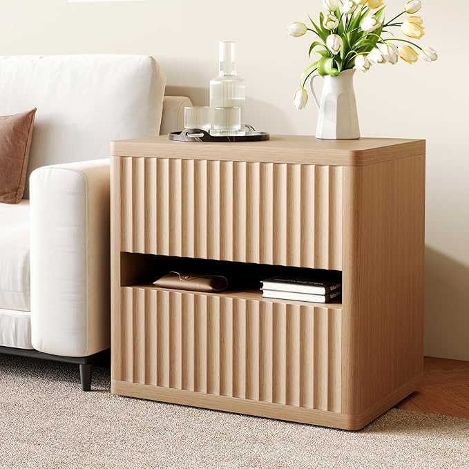 Dripex Fluted Nightstand with 2 Drawers, Large Wide Wood Night Stand Bedside Table for Bedroom, Mid-Century Modern Storage Bed Side Table, End Table for Living Room Sofa Couch, Natural Oak