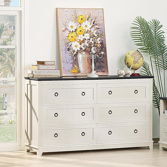 Bedroom Dresser and Nightstand Sets 4 Piece, Farmhouse 6 Drawers Dresser & 40.5" Tall Chest of Drawers,18" Nightstands with Charging Station,54" Wide Furniture Dressers for Bedroom,Living Room
