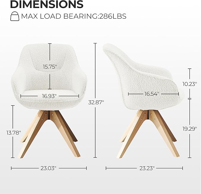 Zouron Desk Chair with Wooden Legs, Swivel Accent Chairs No Wheels, Modern Vanity Arm Chair for Small Space Home Office Living Room Bedroom, Ivory and Natural Wood