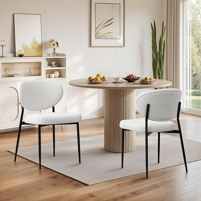 Upholstered Dining Chairs Set of 2 Modern Chenille Dining Room Chairs Wide Cushion with 58D Memory Foam Ergonomic Wingback Kitchen Chairs with Black Metal Leg for Living Room/Bedroom White