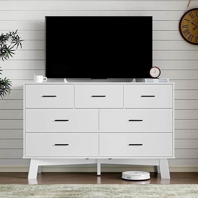Dresser for Bedroom with 7-Drawer, 47.2" Wide Modern Chest of Drawers with Metal Handles, X-Shape Base & Adjustable Center Leg, Anti-Tip Closet Organizers and Storage