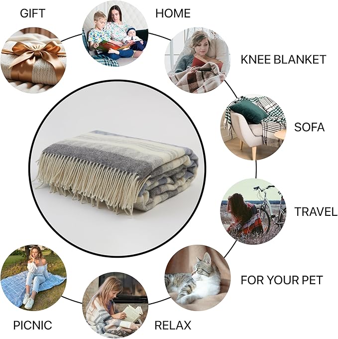 | Wool Blanket/Throw | 100% New Zealand Wool | Perfect for Home and Outdoors | Virgin Wool Throw with Fringes 67"x79" (170 x 200 cm)