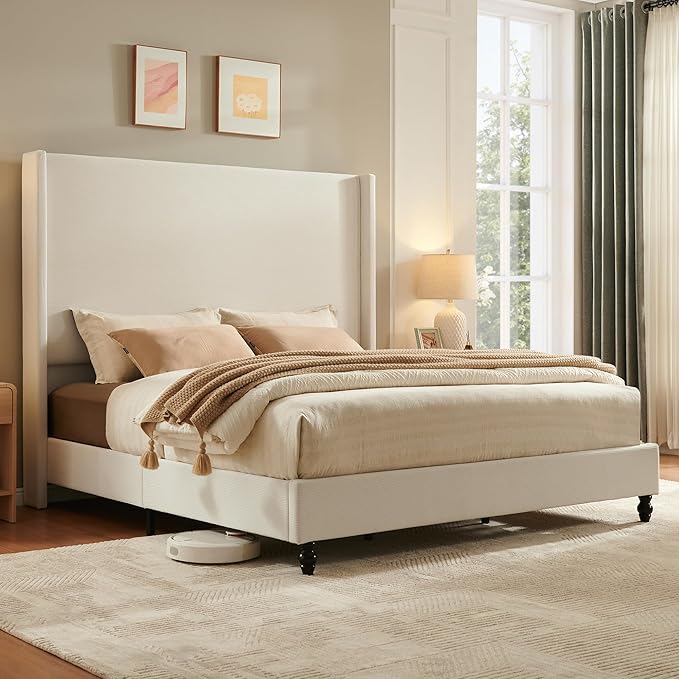 King Bed Frame with 65" Tall Headboard, Horizontal Fine Corduroy Bed Frame with Wingback, Upholstered Platform Bed, Vintage Solid Wood Gourd Legs, No Box Spring Needed, Cream