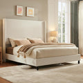 King Bed Frame with 65" Tall Headboard, Horizontal Fine Corduroy Bed Frame with Wingback, Upholstered Platform Bed, Vintage Solid Wood Gourd Legs, No Box Spring Needed, Cream