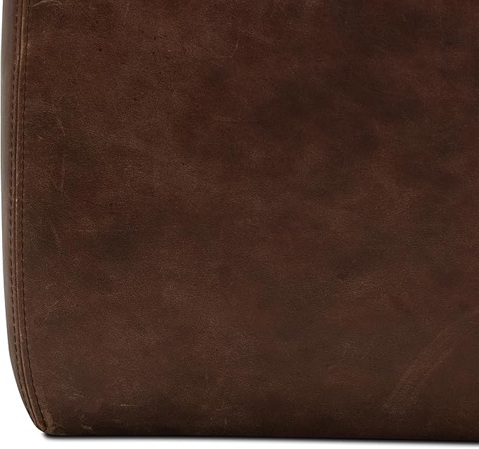 Poly & BARK Sequoia Ottoman – 35” Square Pouf with Feather-Down Topper – Full-Grain Leather Upholstered Pouf Ottoman for Living Room – Vintage Italian Leather in Chocolate Brown
