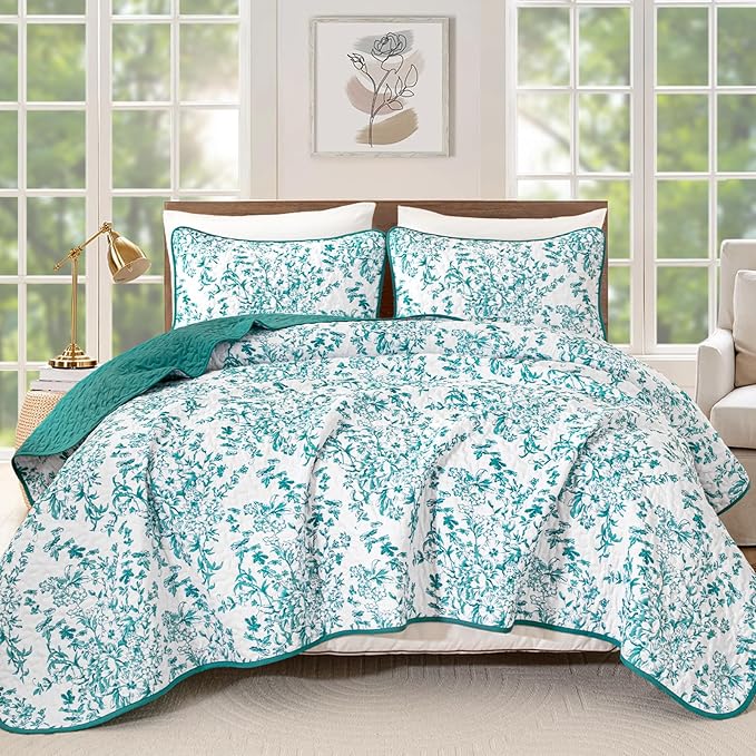 WONGS BEDDING Quilt King Size, Teal Quilt Bedding Set with 2 Pillowcases, Botanical Quilt for King Bed, Soft Microfiber Lightweight Coverlet Bedspread for All Season (110"×90", 3 Pieces)