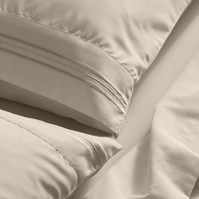 Mellanni California King Sheet Set - 6-Piece Iconic Collection Bedding, (Including 4 Pillowcases), 21-Inch Extra Deep Pocket, Easy Care, Ultra Soft, Cooling Sheets, Brushed Microfiber - Beige