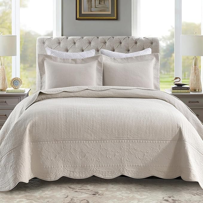 MarCielo 3-Piece 100% Cotton Oversized Bedspread Lightweight Quilt Coverlet Embroidery Farmhouse Bedding Set (TG Yellowish Beige, Oversized Queen (100"x106"))