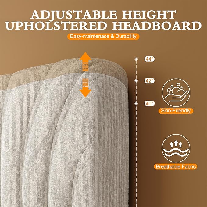 Full Size Boucle Bed Frame Upholstered Bed Frame Full with Adjustable Headboard, Solid Wood Slats Support, Bed for Bedroom Apartment, Dorm, No Box Spring Needed, Easy Assembly, Noise-Free, Cream