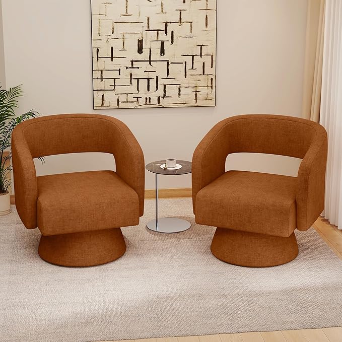 Swivel Accent Chair Set of 2, Modern Comfy Chenille Barrel Chairs, Oversized Upholstered Round Arm Chair for Living Room, Bedroom, Reading Room, Caramel