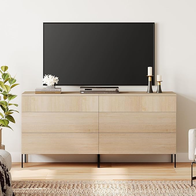 WAMPAT 63" W Fluted Dresser for Bedroom, Modern 6 Drawer Dresser TV Stand with Hidden Handles, Wooden Chest of Drawers Closet Clothes Storage Organizer for Bedroom, Living Room, Beige