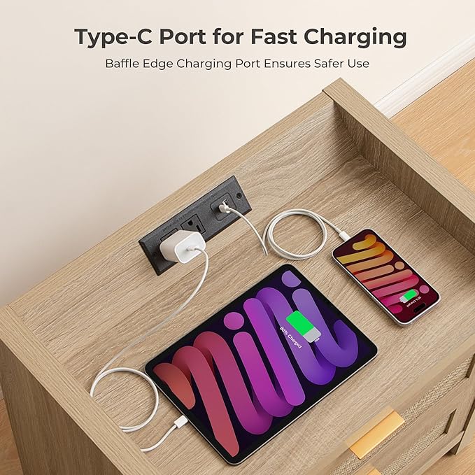 SICOTAS Rattan Nightstands Set of 2 Bedside Table - Bedroom Night Stand with Type-C Charging Station, 2 Drawers Storage - Boho Night Stands End Table for Bedroom Office - Light Oak