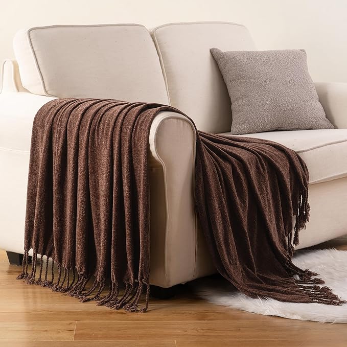 BATTILO HOME Brown Throw Blanket for Couch, Bed, Sofa - Soft Cozy Chenille Throw with Fringe Tassels, Lightweight Chocolate Brown Knitted Throw for Home Decor, 50"x60"