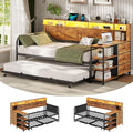VIAGDO Daybed Twin with Pop Up Trundle, Farmhouse Wooden Day Bed Frame with 3 Storage Drawers and Shelves, Twin to King Daybed with Charging Station and LED Lights for Bedroom, Rustic Brown