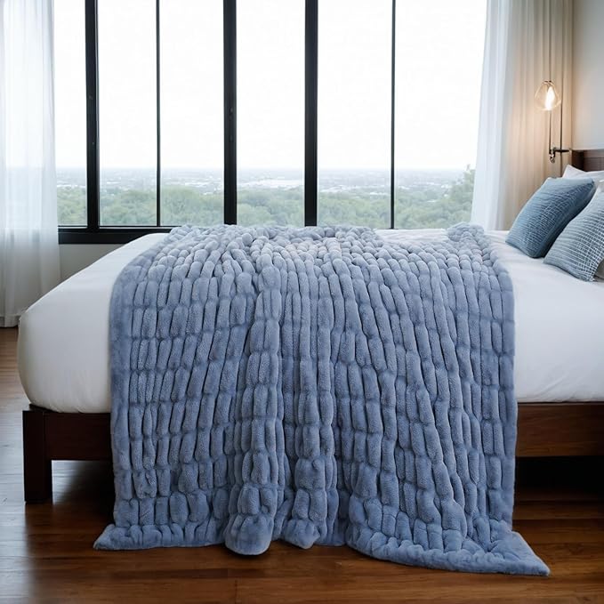 BATTILO HOME Faux Fur Throw Blanket for Couch, Super Soft Cozy Blanket, Double Sided Ruched Rabbit Faux Fur Blanket for Bed, Living Room, 50"x60", Bluish Grey