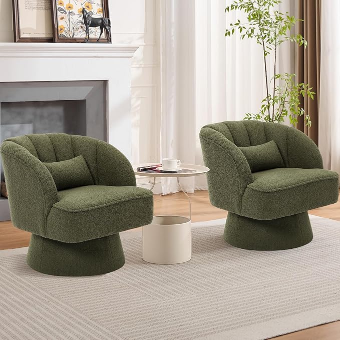 GarveeHome Modern Swivel Barrel Accent Chair, 360° Teddy Fabric Upholstered Armchair with Striped Backrest & Plush Padding, Comfy Round Lounge Chair for Living Room, Bedroom, Reading Nook, Green