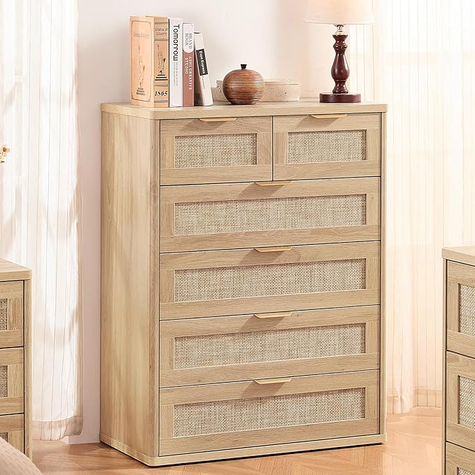 LEYAOYAO Rattan Dresser for Bedroom Set of 2, 41" Tall Chest of Drawers, Modern 6 Drawers Boho Dressers with Storage, Light Oak Dresser Wooden Closet Organizer for Living Room, Hallway, Natural Wood
