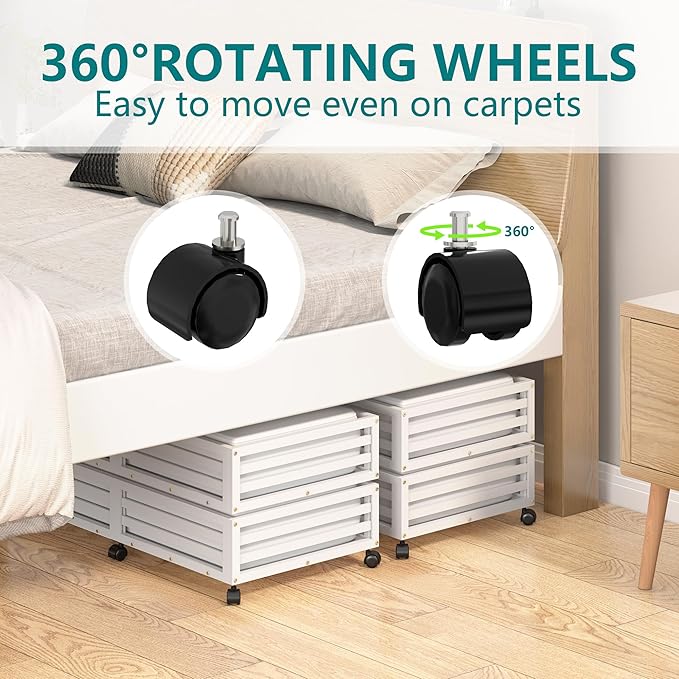 Wisuce Bamboo Under Bed Storage Containers- Underbed Organizer with Wheels with Large Dust Bag,Sturdy Wood Rolling Under the Bed Shoe Storage Organizer Drawer 2 Packs (White, Long)