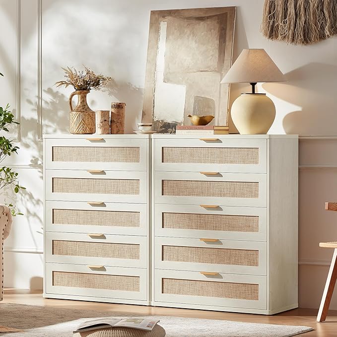 LEYAOYAO Rattan Dresser and Nightstand Sets 3, Boho Wood Dresser for Bedroom with 6 Drawers and Night Stand with 3 Drawer, Bedroom Furniture, Dressers & Chests of Drawers, Living Room, Hallway