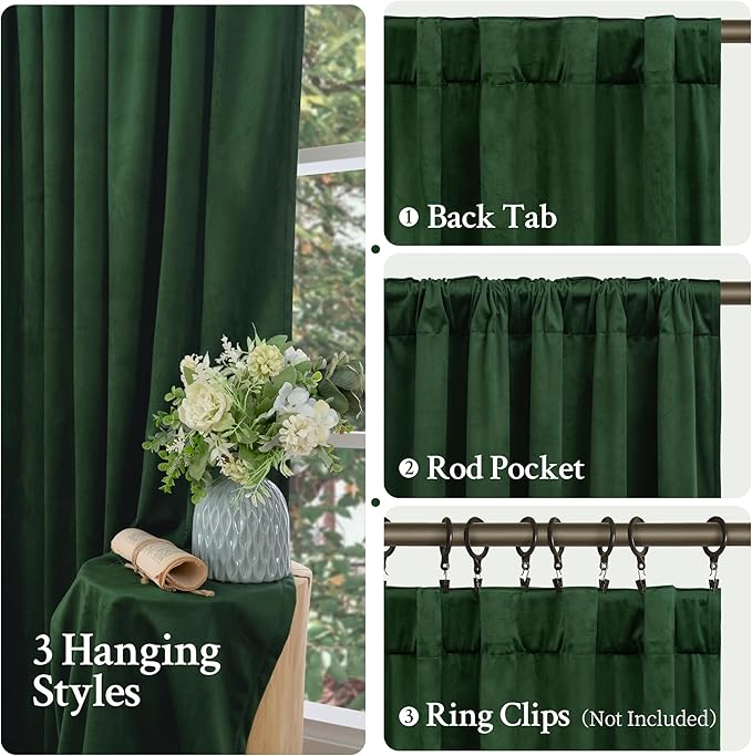 LAMIT Velvet 90 Inch Curtains for Living Room, Emerald Green Thermal Insulated Room Darkening Drapes Noise Reducing Back Tab and Rod Pocket Christmas Panels for Bedroom, Set of 2 Panels, 52 x 90 Inch