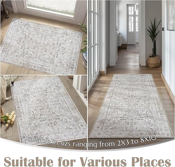 jinchan Lima 6x9 Area Rug for Living Room Washable Soft Throw Rug Ultra-Thin Stain Resistant Non-Slip Distressed Vintage Floral Large Carpet for Bedroom, Dining Room Home Office Nursery (6x9ft, Taupe)