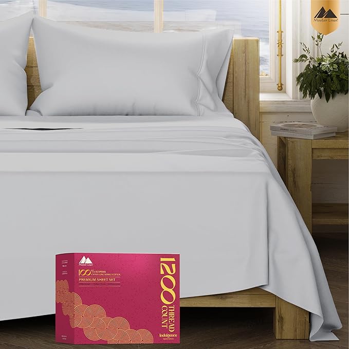 Mayfair Linen 100% Egyptian Cotton Full Size Bed Sheets - Luxury 1200 Thread Count Egyptian Cotton Sheets Full Size Bed Set (4 PC, Light Grey), Soft, Cooling, 17" Deep Pocket Sateen Weave Bedding