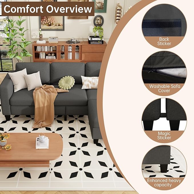 ZeeFu Sectional and Sofa Couches for Living Room - 78'' 3 Seater L-Shaped Modular Couch with Storage Ottoman - Modern Linen Fabric Upholstered Sofa Set for Small Space Apartment Office