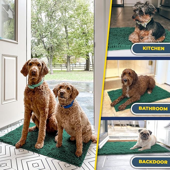 Muddy Mat® Shown on TV – Super Absorbent Microfiber Dog Door Mat for Muddy Paws, Non-Slip Washable Pet Rug, Quick Dry Chenille Entryway Carpet, Machine Washable Indoor Outdoor mat, Dark Green 28"x18"