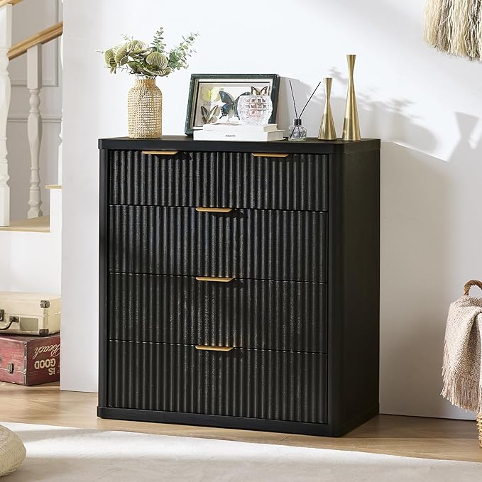 LEYAOYAO Fluted 5 Drawers Dresser for Bedroom, 34" Tall Modern Chest of Drawers with Metal Handle, Curved Profile Design,Black Wood Drawer Organizer for Bedroom, Living Room, Hallway, Entryway