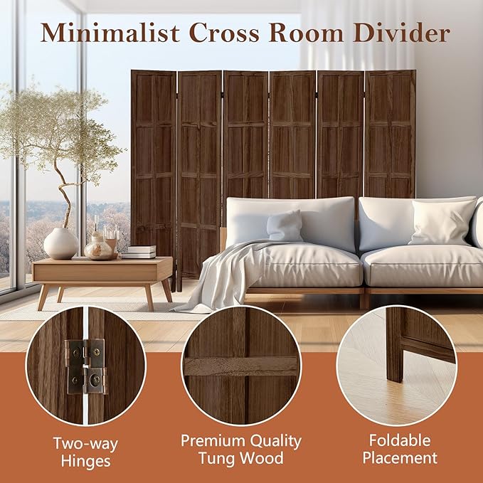 Leesinwing Wood Room Divider 6 Panel Folding Privacy Screen, Classic 5.6Ft Indoor Wooden Partition, Portable Partition Wall Divider for Room Separation, Home, Office, Bedroom, Restaurant (Brown)