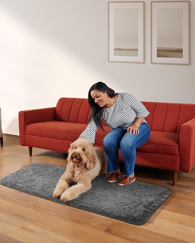 Ophanie Runner Rug for Hallway, 2x5 Upgrade Non-Slip Fluffy Soft Bedside Rugs, Bedroom Living Room Grey Shaggy Gray Carpet for Kids Girls Boys Dorm Nursery Home Decor Aesthetic