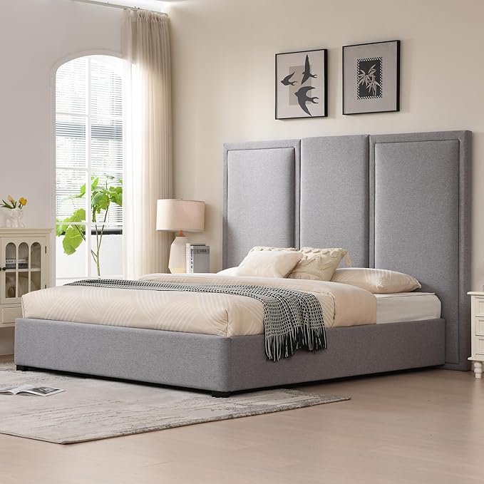 YUHUASHI King Size Bed Frame with 64-inch High Headboard, Simple and Airy Linen Upholstered Platform Bed with Storage Drawers, Wood Slat, No Noise (Grey, King(Hydraulic Lift))