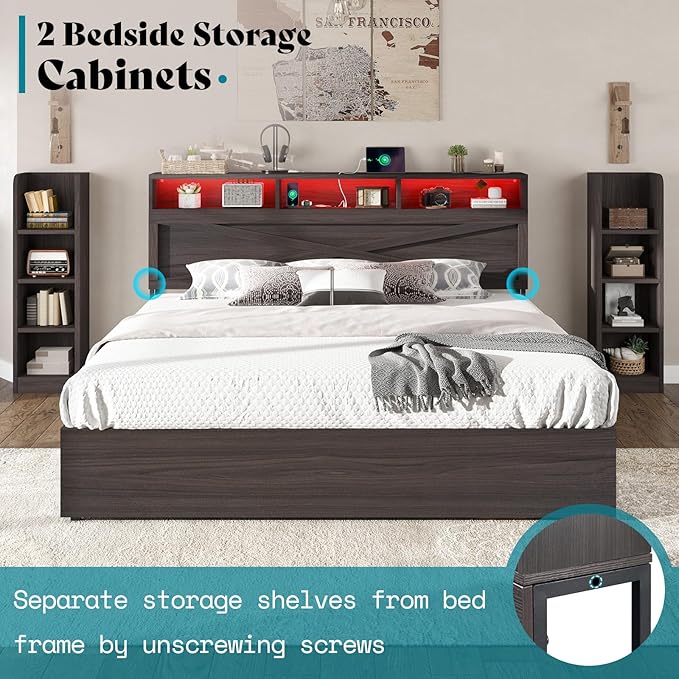 AMERLIFE Full Size Lift Up Storage Bed Frame, 45.1" LED Bed Frame with 2 Side Shelf & Bookcase Headboard, Farmhouse Wood Platform Bed with Charging Station, No Box Spring Needed, Black
