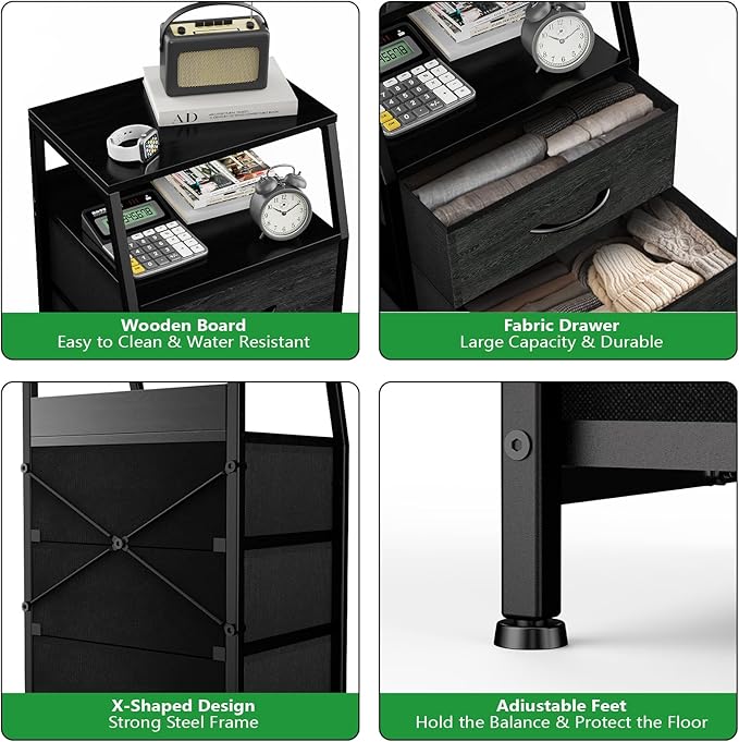 Dresser with 4 Drawers, Fabric Storage Tower for Bedroom, Black Clothes Storage Drawers, Vertical Closet Organizer for Kids Room, Entryway, Nightstand Bedside Table, Sturdy Steel Frame & Wooden Top