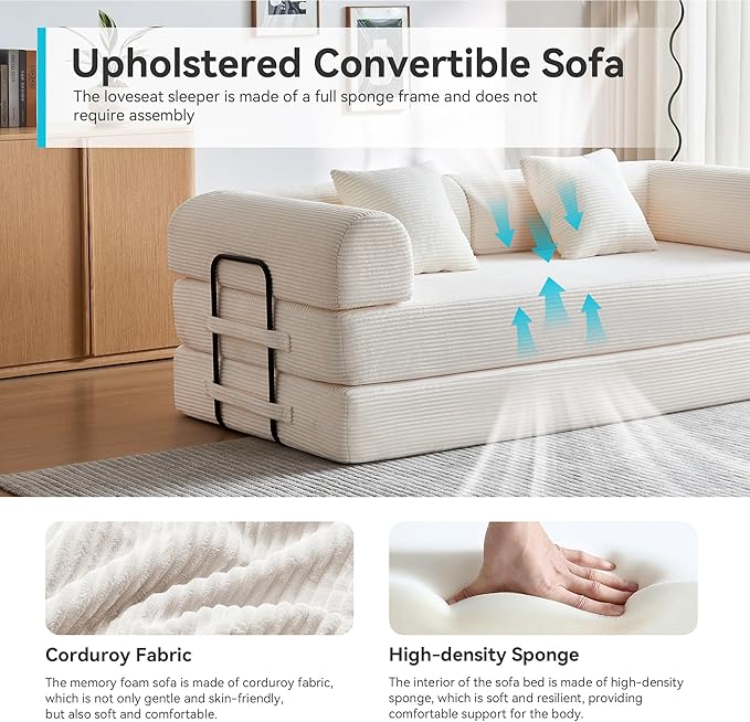 Convertible Folding Mattress Couch, 5-in-1 Futon Sofa with Armrests, Sleeper Mattress Sofa Bed Comfy Fold Out Bed for Living Room, Bedroom, Lounge,Guest, Office (Beige White)