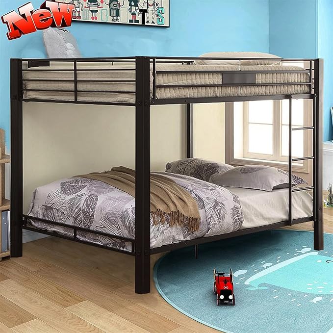 Upgraded Version Thicken Metal Heavy-Duty Queen Over Queen Bunk Bed, Best Industrial Style Stronger Queen Size Bunk Bed Frame with Ladder for Adults, Easy Assembly (Queen Over Queen-A)