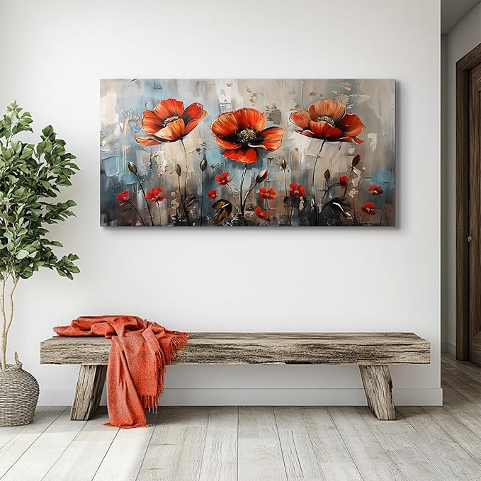 SERIMINO Large Wall Art for Living Room, Nature Floral Botanical Wall Art, Red Flowers Canvas Prints Paintings, Wildflower Modern Home Decor Bathroom Dining Room Kitchen 29"X57"