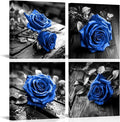 VANSEEING 4 Pieces Blue and Black Rose Flower Canvas Wall Art Floral Pictures Prints Modern Romantic Artwork Wall Decor for Valentine's Day Living Room Bedroom 12x12inchx4Pcs