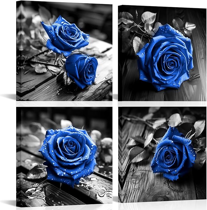 VANSEEING 4 Pieces Blue and Black Rose Flower Canvas Wall Art Floral Pictures Prints Modern Romantic Artwork Wall Decor for Valentine's Day Living Room Bedroom 12x12inchx4Pcs